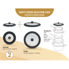 BELLA COOKS Universal Pot Lid (Set of 2) incl. 2 Cotton Rags - Fits 7-11″ Cookware - Pot Cover, Pan Lid, Frying Pan Lid, Cast Iron Lid & Crock Pot Lid