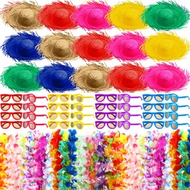 Silicherry 98 Pcs Hawaiian Luau Party Decorations Set Include Hawaiian Tropical Leis Bulk Straw Hat Luau Sunglasses for Summer Luau Beach Pool Party Costume Decorations Accessories