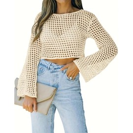 Womens Crochet Crop Top Long Sleeve See Through Hollow Out Mesh Knitted Beach Bikini Cover Ups (Apricot, Medium)