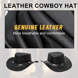 RiderVibe Cowhide Leather Hat for Men and Woman Cowboy Western Steampunk Hat Deadman Top Hat (With Beads, Black, M)