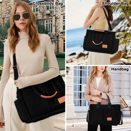 Tokeya Handbag Women's Corduroy Shoulder Bag Women's Large Tote Bag with Multiple Pocket Compartments, Corduroy Shopper Bag Women, Crossbody Bag Women Shoulder Bag for Work, Office, Travel, Shopping, School, Black