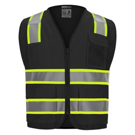 DPSAFETY 9 Pockets High visibility Class 2 Safety Vest，Hi Vis Vest with 2 inch wide Reflective Strips security vest with Zipper construction work vest for men &women Black，XL