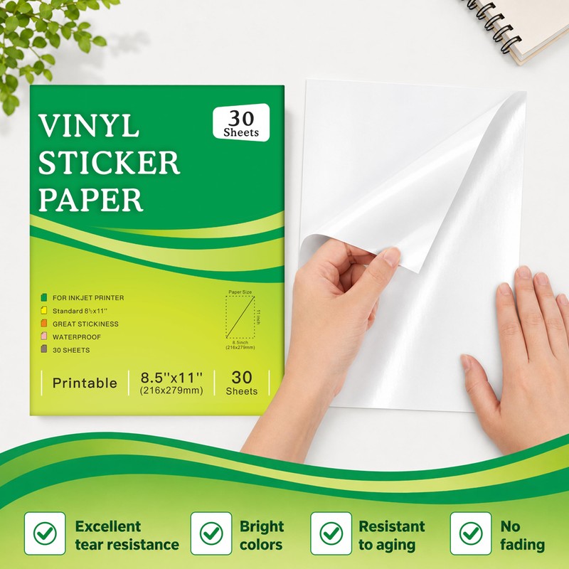 Aevdor 30-Sheet Glossy White Printable Vinyl Sticker Paper, 8.5x11, Inkjet