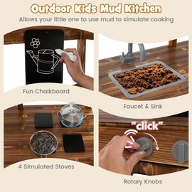 HONEY JOY HONEY JOY Mud Kitchen with Canopy, Fir Wood Play Kitchen for Toddlers, Garden Sink, Stoves, Chalkboard, Storage Cabinet, Flowerpot, Outside Kitchen Playset, Mud Kitchen for Kids Outdoor Backyard