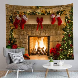 Jasion Christmas Tapestry Fireplace Xmas Tree Stockings Wall Hanging Art Tapestries for Backdrop Photography Blanket Home Headboard Bedroom Living Room Dorm Festival Decor in 51x60 Inches