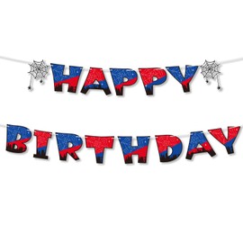 Spider Birthday Banner, Spider Web Party Decorations Colorful Paper Happy Birthday Banner Hanging Sign Bunting Cartoon Garland for Kids Hero Theme Backdrop Decor