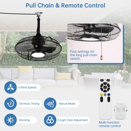 Fanliving Outdoor Black Ceiling Fans with Light for Patio, 20 Inch Plug in Ceiling Fan Pull Chain&Remote Control, IP65 Waterproof Gazebo Fan, 3CCT, Caged Ceiling Fan with 3 Hooks for Porch Pergola