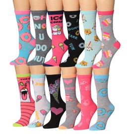 Tipi Toe Women's 12 Pairs Lightweight Pink And Blue Colorful Donut Patterned Fun Food Monster Crew Socks, CR172-T1