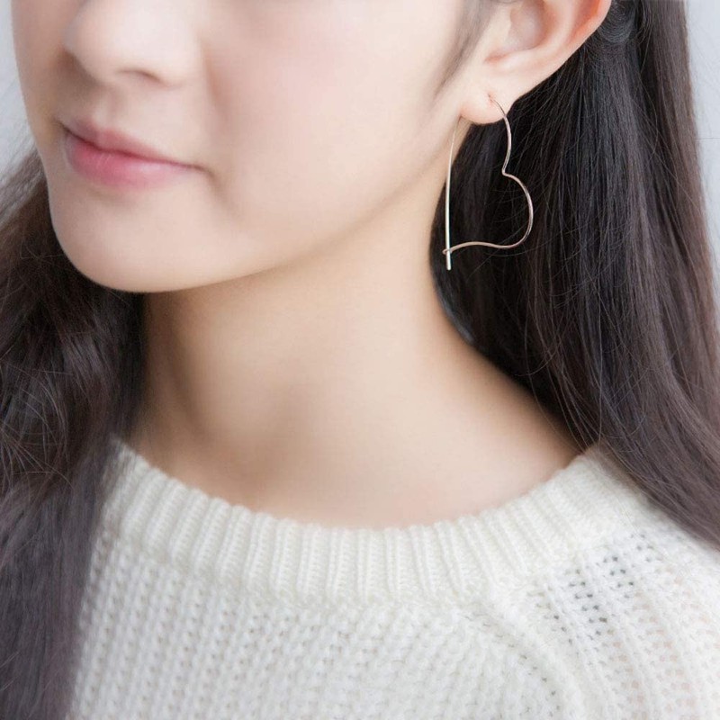 925 Sterling Silver Big Large Heart Hoop Earrings Threader Earrings