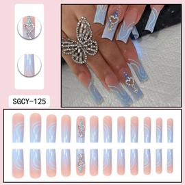 Long Press on Nails Square Coffin Fake Nails French Tip with Nude Blue Gradient 3D Rhinestones Designs Full Cover False Nails Glue on Nails Cute Acrylic Thick Stick on Nails for Women Nails Art 24Pcs SGCY-125