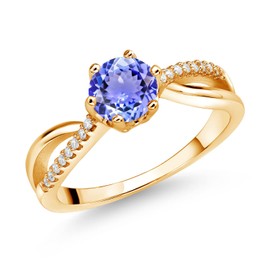 Gem Stone King 18K Yellow Gold Plated Silver Ring Round Tanzanite and Moissanite (0.98 Cttw) (Size 7)