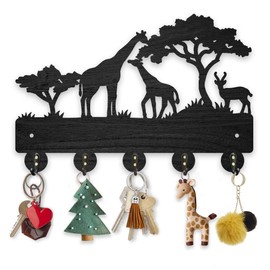 MAYJOYDIY Africa Giraffe Coat Rack Wall Mount Wood Key Holder for Wall 11.8×7.9inch Giraffe Family Deer Decorative Wall Hooks 5 Alloy Hooks Animal Tree Black Wall Hanger for Gifts Entryway Room Home