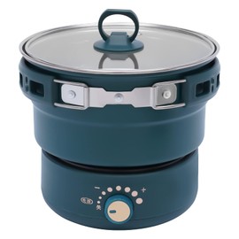 Electric Hot Pot with Foldable Handles, Portable Travel Cooker for Ramen Noodle, Soup, Steak, Pasta| Non-stick Frying Pan| Mini Hot Pot with Power Control for Dorm, Office, Travel (Green)