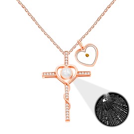 Uloveido Religious Heart Cross Necklace for Women 100 Languages Cubic Zirconia Heart Mustard Pendant Christmas Birthday Inspirational Gift YA4789, Brass, Cubic Zirconia
