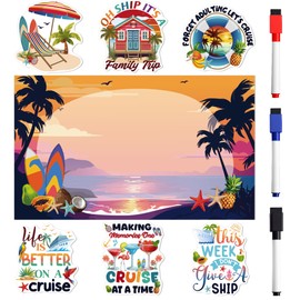 Cruise Door Decorations Magnetic, 7 Pcs Family Trip Tropical Vacation Cruise Magnets, Customizable Magnetic Ship Cabin Door Signs Fridge Decor, with 3 Pcs Pens