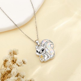DAYLINLOVE Squirrel Necklace 925 Sterling Silver Opal Squirrel Pendant Necklace Opal Jewelry For Women Squirrel Lovers Christmas Birthday Gift