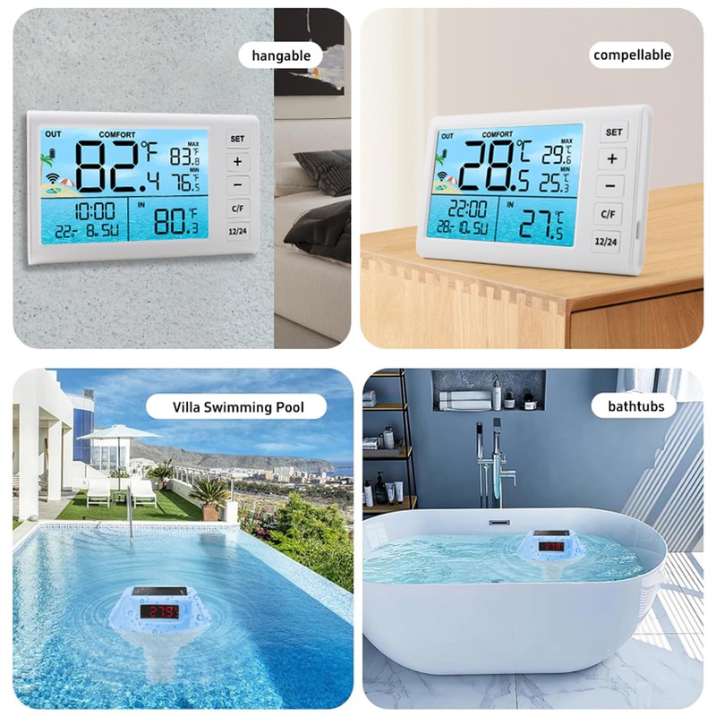 Pool Wireless Thermometer & Wireless Receiver, IPX8 Waterproof Bath Thermometer,