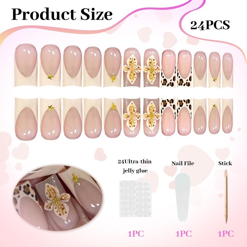 LunarCharm 24 Pieces French Tip Press-on Nails with Leopard Pattern,