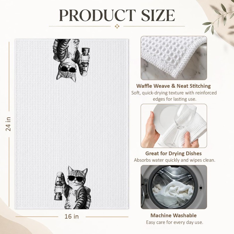 Threegoat Funny Cat Kitchen Towels, Camping Kitty Dish Cloth, Waffle