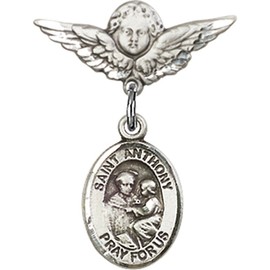 Sterling Silver Baby Badge with St. Anthony of Padua Charm and Angel w/Wings Badge Pin 7/8 X 3/4 inches