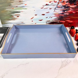 Umisriro Blue Serving Tray with Handles, Plastic Decorative Tray for Coffee Table, Ottoman - Ideal for Living Room & Bathroom. 15” x 11” x 2.5”