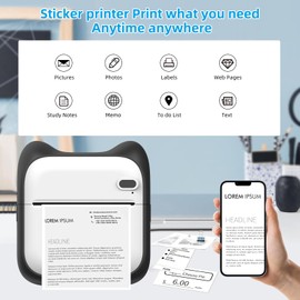 PRINHSJI Mini Sticker Printer Portable Pocket Inkless Thermal Printer with 10 Rolls Thermal Paper for Android or iOS APP, Portable Receipt Printer for Photo Journal Notes Memo