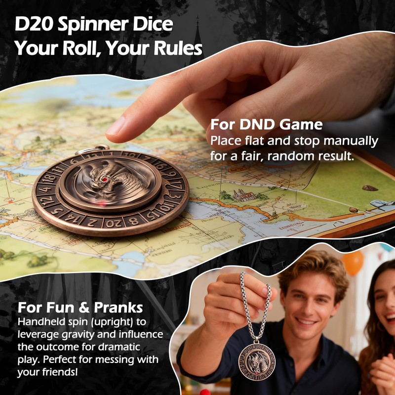 Haxtec D20 Spinner Dice with Keychain & Necklace Gifts for
