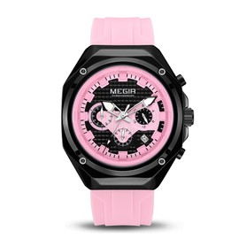 MEGIR Men's Minimalist Analogue Sports Chronograph Quartz Wrist Watch with Silicone Strap, ATM Waterproof, Luminous Hands, Pink