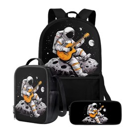 Chaqlin Boys & Girls Back to School Bags Astronaut Guitar Print Backpacks for Kids & Teens - Large Bookbags with Insulated Lunch Tote & Pen Holder Set