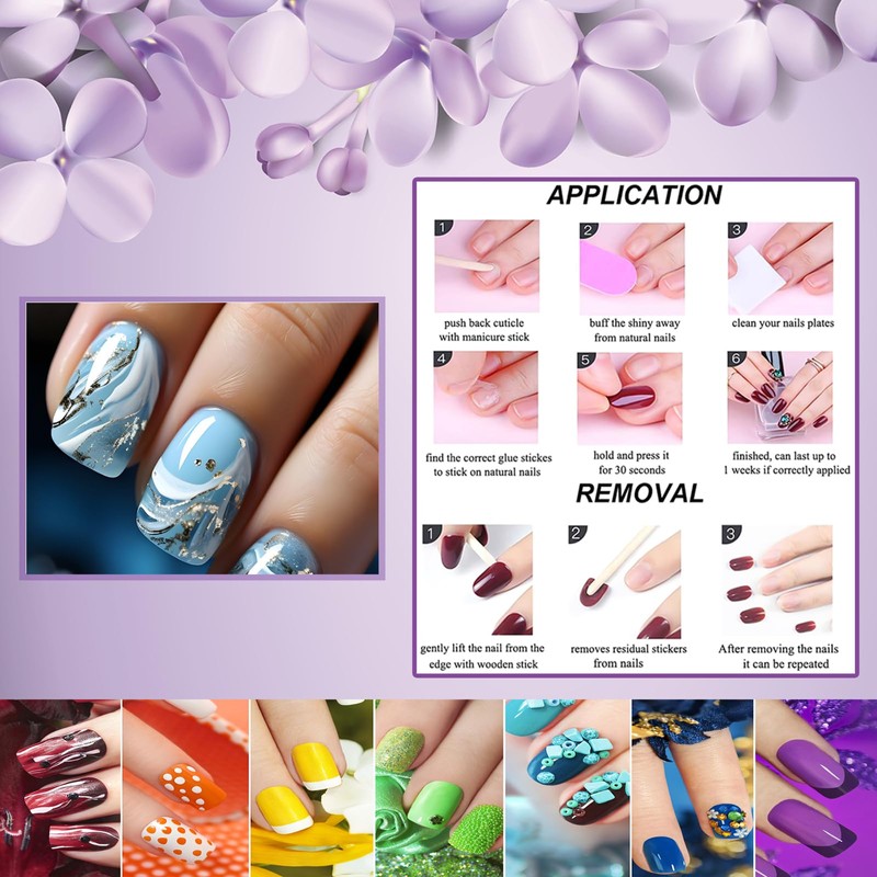 Rchovsam Blue Marble Press on Nails Short Square Nails Press