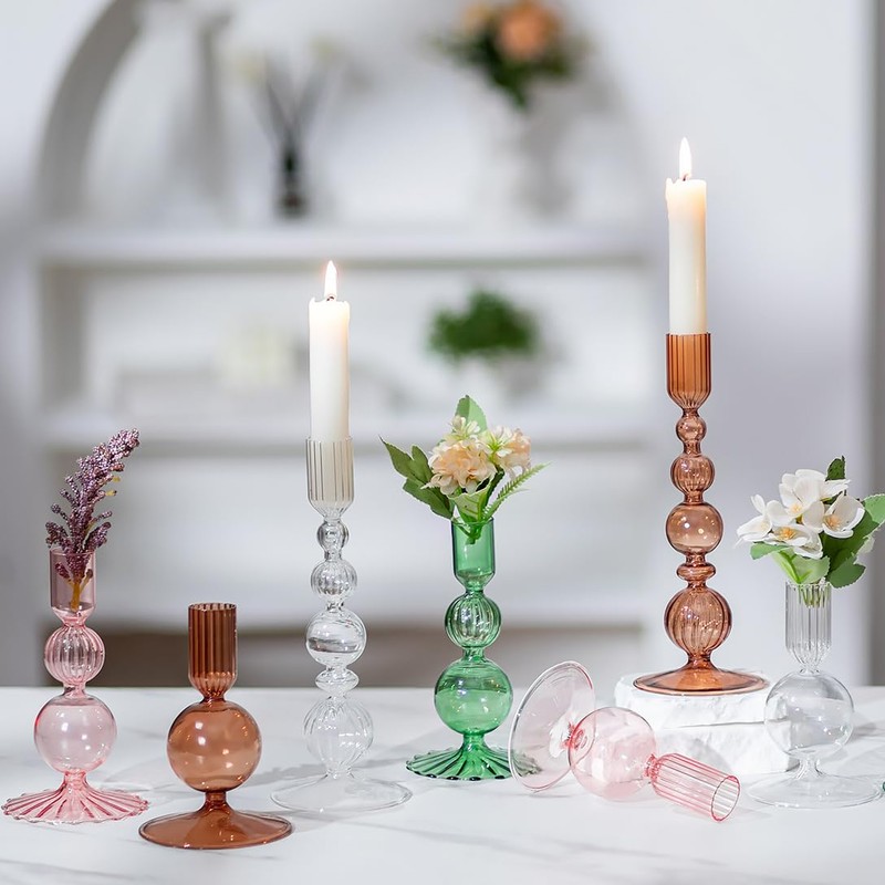 Hewory Glass Candlestick Holders Set: 3PCS Green Candle Holder Taper