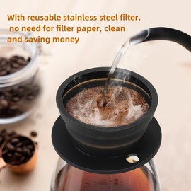 VVGCS 2-Packs Travel Collapsible Paperless Pour Over Coffee Dripper Kit with Stainless Steel Filter, Travel Pour Over Coffee Maker Camping, Silicone Coffee Strainer Pour Over Single Cup (Brown+Black)