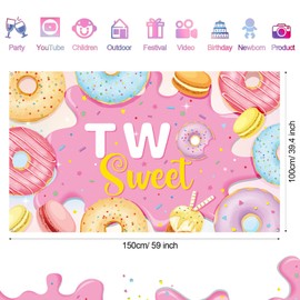 Two Sweet Birthday Backdrop Banner Decoration, Pink Donut 2nd Birthday Party Photography Background Props for Girl Donut Party Donut Grow up Party Candy Party Baby Shower Supplies, 6 x 4 Ft