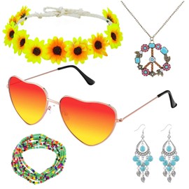5 Pcs Hippie Costume Accessories Set 70s Peace Sign 60s Outfits for Women Necklace Earrings Flower Headband Sunglasses, 60s 70s Party Dressing Accessory Retro Party Decorations