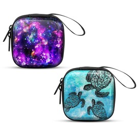WIRESTER Set of 2 Mini Coin Purse Small Portable Coin Storage Pouch Key Bag for Men Women - Ocean Sea Turtles, Purple Nebula Galaxy