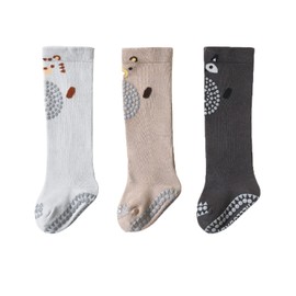3Pairs Baby Toddlers Knee High Grip Socks for Crawling, Cute Animal Breathable Cotton Leg Warmer Anti-slip Stocking with Rubber Dots Winter Thermal Long Floor Socks for 1-3Years Old Boys Girls