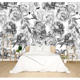 BZHXBZ - Grey Peony Floral Wallpaper Bedroom Black and White Botanical Flowers Leaf murals Aesthetic Room Decor Living Room tv Background Large Wall Mural - 91"x65" Not Peel and Stick