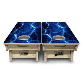 Mini Cornhole Solutions Bundles - Mini 12" by 24" Cornhole Boards & Bags - 4" Holes for 4" Bags - 18mm(3/4″) Baltic Birch! Built-in Handles! Folding Legs (Blue Lightning)