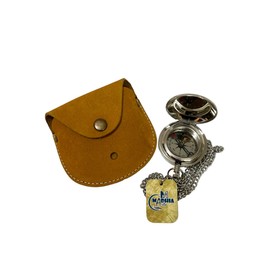 Handmade Nautical Solid Brass Push Button Compass on Chain with Leather Case Functional Marine Compass for Hiking Survival, Chrome Finish, 2.25 Inches in Diameter