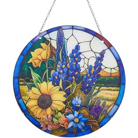 CREATCABIN Stained Windows Hanging Suncatcher Retro Sunflower Hanging Ornament Round Acrylic Panel Sun Catcher with Iron Chain and Jump Rings Summer Home Decor Gift for Family Friends 7.9x7.9 Inch