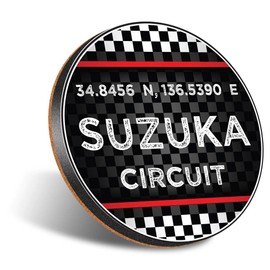 1 x Round Jumbo Size Coaster 12cm Suzuka Circuit Racing Checkered Flag Cork Backed MDF Glossy Tea Coffee Accessory #61153