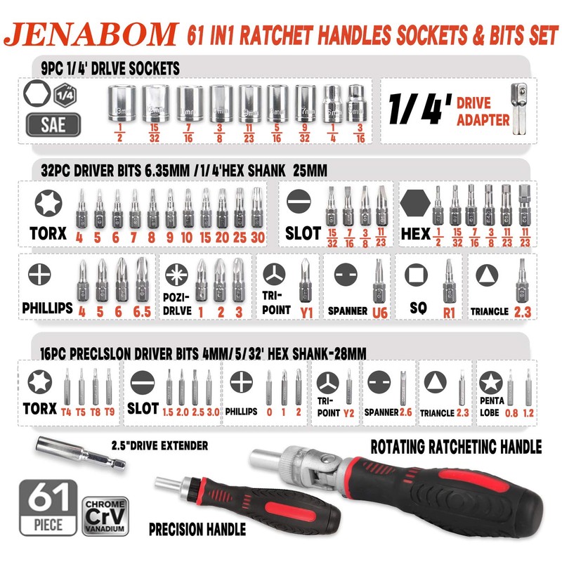 JENABOM Rachet and Bit Set, 61pc Driver Bits & Socket