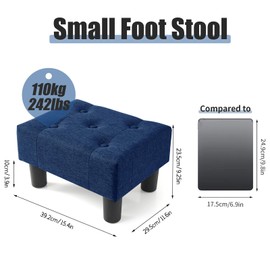 BRIAN & DANY Small Foot Stool, Linen Foot Stools with Legs, Stable Small Footstool for Living Room, Blue