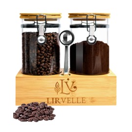 Lirvelle Airtight Coffee Canister with Scoop | Curated Glass Storage Set for Beans, Grounds & Sugar | 9-Piece Ritual Organizer with Bamboo Base, Versatile Artisan Spoon, Labels & Cleaning Brush