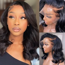 Fadaina 16 Inch Bob Wig Human Hair Wavy Body Wave 13x4 Lace Front Human Hair Wigs For Black Women Glueless Wigs Human Hair With Elastic Band Lace Frontal Wigs