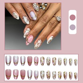 Purple Press on Nails Cat Eye False Nails with 3D Gold Flowers and Rhinestones Almond Shape Glossy Acrylic Nails Full Cover Stick on Nail for Women 24PCS
