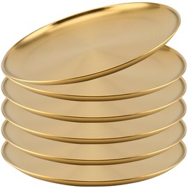 JOIKIT 6 Pack 8 Inch Gold Stainless Steel Plate, Round Metal Dinner Plates, Kitchenware Dinner Dishes Serving Tray Large Camping Plates for BBQ, Snack, Food Serving, Dishwasher Safe