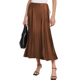 SEBOWEL Women Satin Maxi Long Skirt Silk Side Tie A Line Swing Midi Skirt Elegant Flowy Ruffle Pleated Cocktail Party Skirts, Brown, M