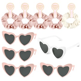 BOUBONI 5 Pcs Satin Bridesmaid Scrunchies 5 Pairs Bachelorette Sunglasses Elastic Bridal Party Hair Ties Ideas Gift Heart Shaped Sunglasses for Wedding Party Bridesmaid Proposal Gifts (Pink, White)