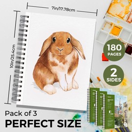 Funto Watercolor Pad 10x7, 3-Pack, 90 Sheets, 140 lb/300 GSM, Double-Sided Cold Press Paper, Spiral Bound, Heavyweight Paper for Watercolor Painting